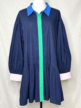 Addison Bay Colorblock Poplin Shirt Dress Navy Green Pink Size Large